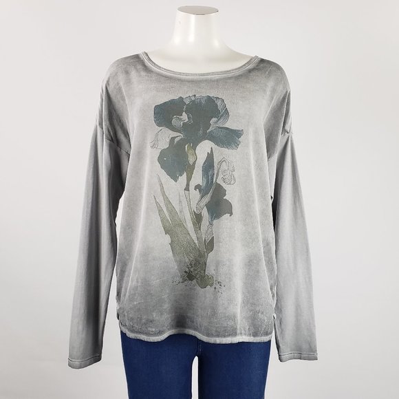 Grey Flower Print Long Sleeve Top Size L